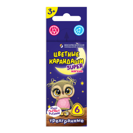 "Super" SCP-3006 Набор цветных карандашей, трехгранные короткие "Совенок" 6 цв "Атекс" г. Пермь